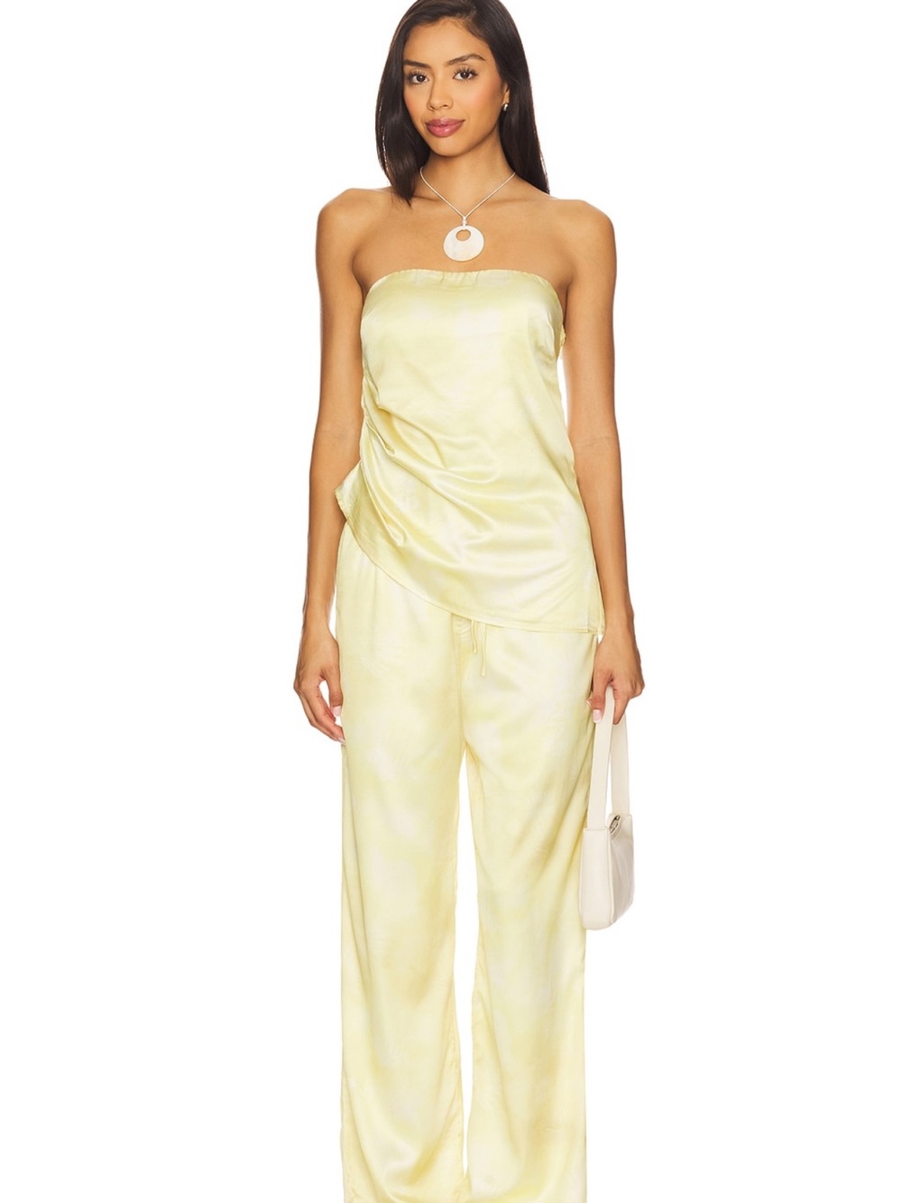 Strapless Wide Leg Satin Jumpsuit in Pale Yellow
